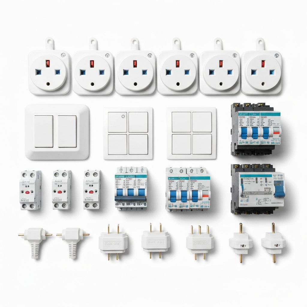 Assortment of Australian standard electrical accessories including power points, switches and circuit breakers