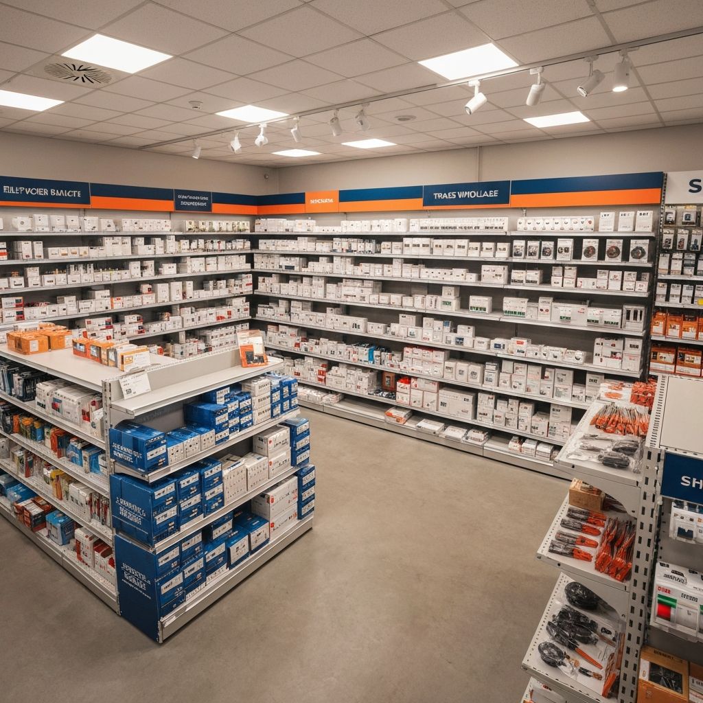 Interior of Belmore Electrical trade counter with shelves of electrical components